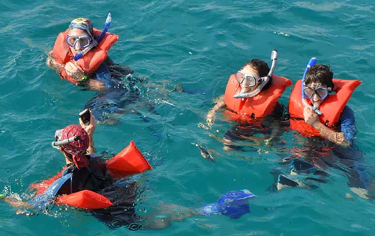 Los Cabos Pirate Snorkel people in the water snorkeling around colorful Fish